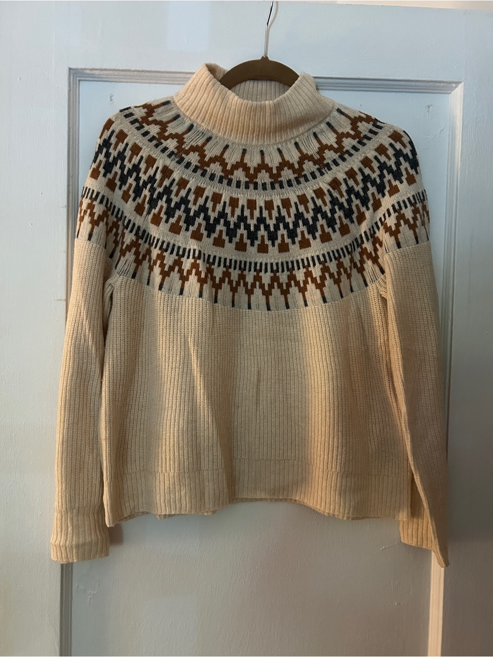 J. Crew Cream Fair Isle Turtleneck Sweater with Navy and Brown Yoke